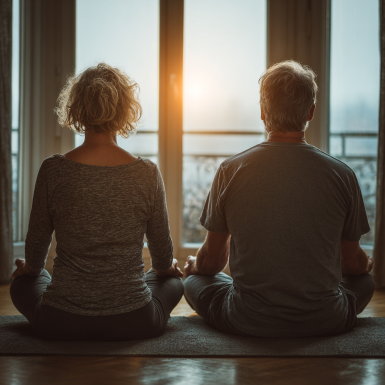 Група літніх людей займається йогою в парку