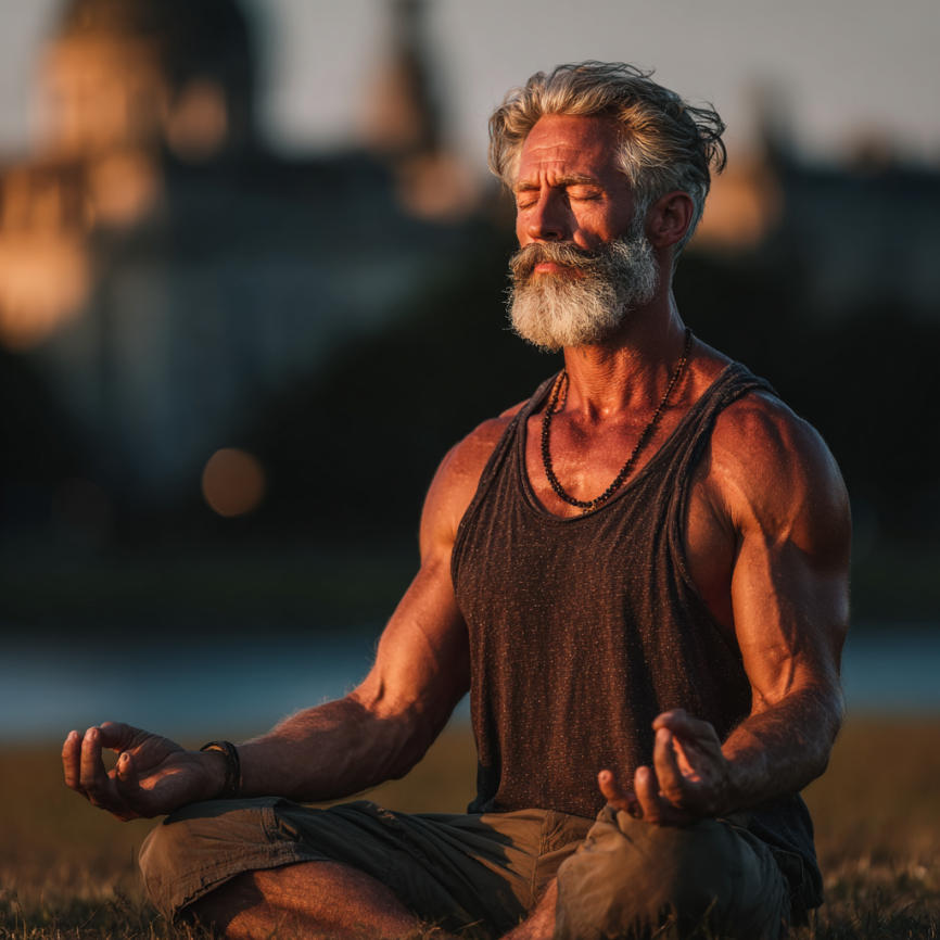 Чоловік зрілого віку виконує медитативні вправи